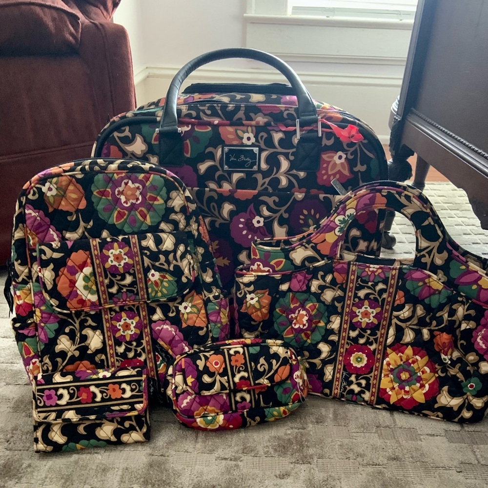 Vera Bradley Retired Pattern Suzani Quilted Black Red Purple Pink Luggage Set